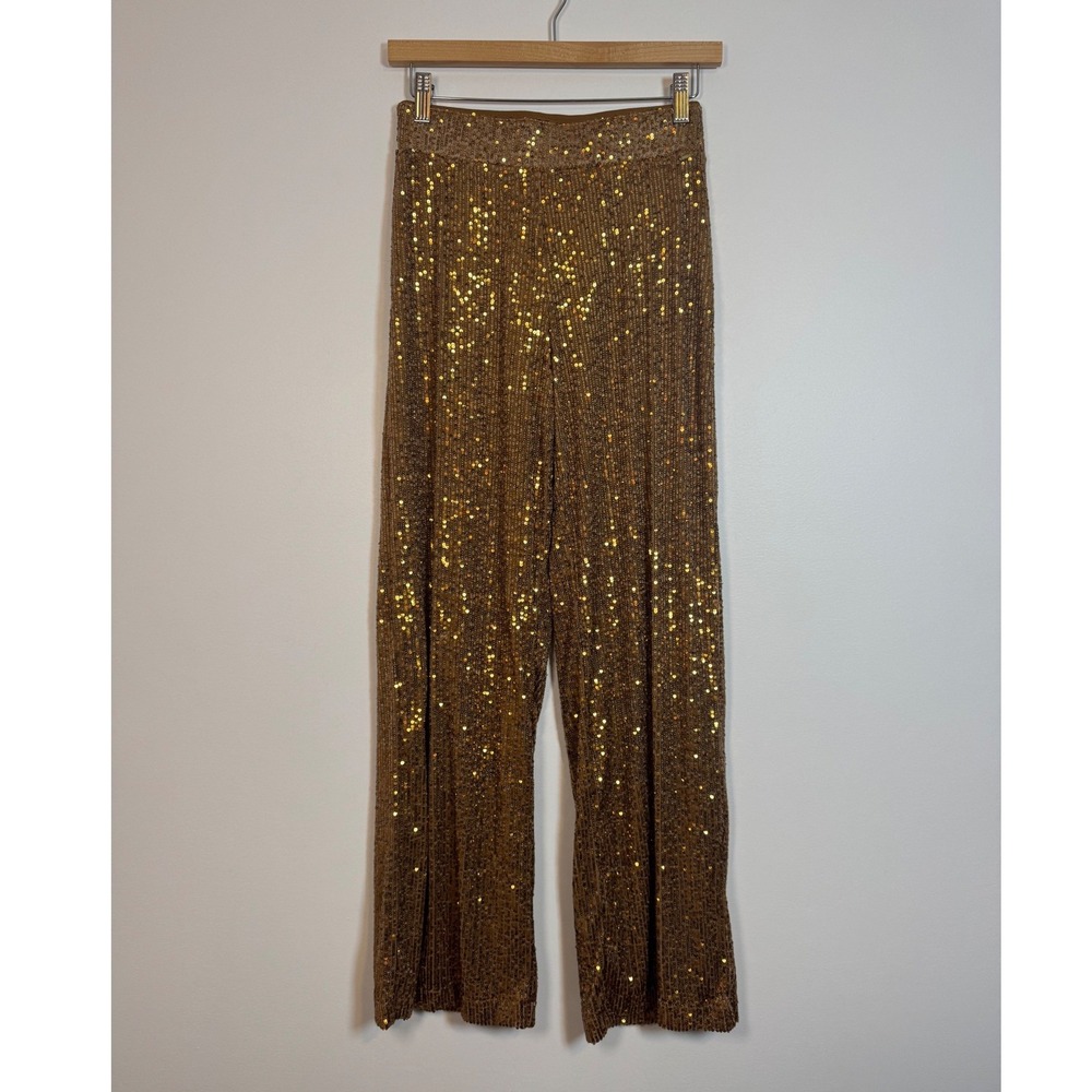 Glam Disco Guess Sequin Wide Leg Pants Women‎ XS Gold Bronze High Rise Party
